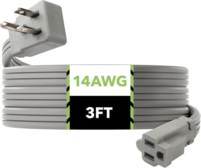 BN-LINK 3 ft Appliance Extension Cord 15-Amp Heavy Duty Power Cord, 14/3 SPT-3, 3 Prong Grounded Flat Plug, for Indoor Air Conditioner, Refrigerator and All Major Appliances