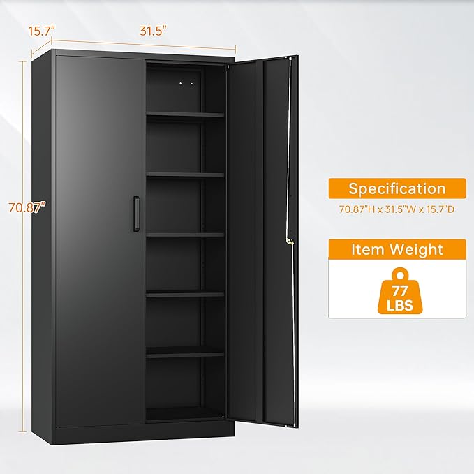 STANI Metal Garage Storage Cabinet with Lock, 71" Steel Lockable File Cabinet, Locking Steel Storage Cabinet with 5 Adjustable Shelves for Home, Office, Warehouse, Garage, School (Black)