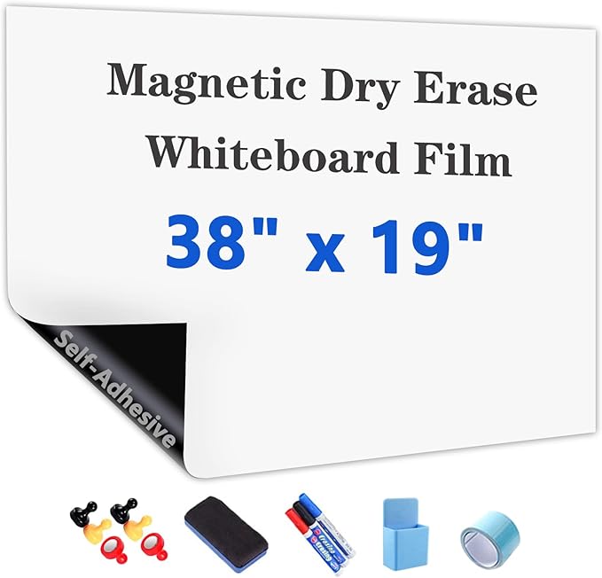 Magnetic Dry Erase Whiteboard Paper with Adhesive, 38" x 19" White Board Film for Wall, Easy to Write and Clean Dry Erase Board for Office, Classroom, Home, Include Marker, Magnetic Eraser and Magnets