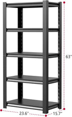 2500LBS Storage Shelves 5 Tier Garage Shelving Heavy Duty Adjustable Shelving Unit Metal Storage Rack for Basement, Pantry, Kitchen, Warehouse 15.8" D x 23.6" W x 63" H