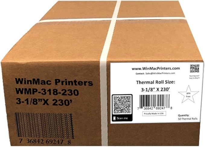 Thermal Paper Rolls 3 1/8 x 230 - American Made: [50/pack] BPA Free 48 GSM Solid Tube Core CC Receipt paper for POS terminals Cash Registers Stations SCP700 TSP100 TSP300 TSP400 TSP500 TSP600