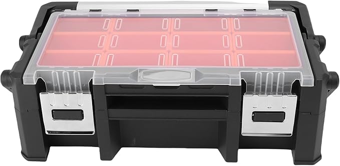 WALFRONT Electronic Tool Box Small Parts Organizer, 18 Compartment Dual Layer PP Aluminum Alloy Storage for Garage and Outdoor Tasks