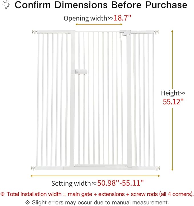 Lumizone Extra Tall Cat Gate 55.12" High Pressure Mounted Extra Wide 2025 New (17 Sizes) 1.37" Gap No Drilling Auto-Close One-Handed Operation Tall Pet Gate for Dogs(White, 55.12" H x 50.98"-55.11" W)