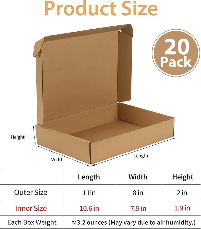 Trwcrt Shipping Boxes 11x8x2 Set of 20, Corrugated Cardboard Box for Packing Small Business, Brown