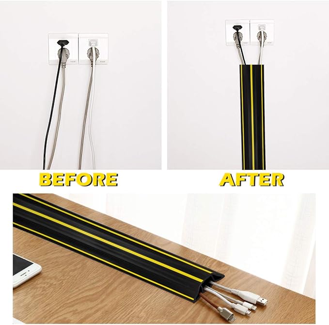 6.5Ft Cord Covers for Wires on Floor, 3-Channel Floor Cord Cover with Anti-Slip Base & Yellow Warning Strips, Extension Cord Covers for Floor, Ideal for Home, Office, Outdoor Use