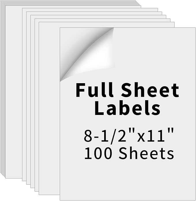 8.5" x 11" Full Sheet Label Sticker Paper for Laser & Inkjet Printers, Self Adhesive Printer Paper Shipping Labels, Printable White Matte Mailing Label Stickers(100 Sheets,100 Labels)