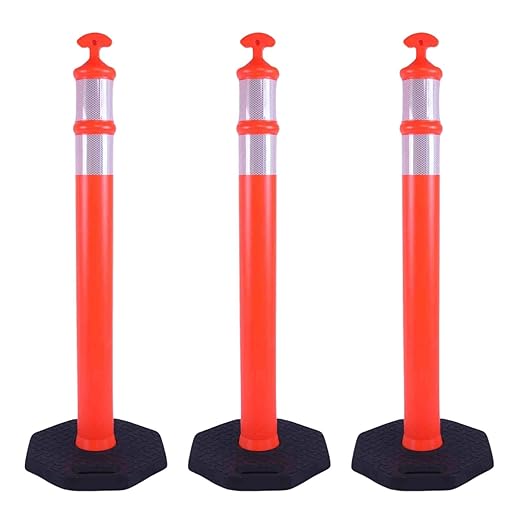 Reflective Rubber Base Traffic Delineator Post - Heavy-Duty Safety Bollards for Parking Lot Markers, Road Construction, Driveway Warning - with Reflective Strips (3 Pack - 45 Inch)