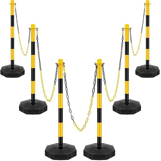 Konohan 6 Sets 34 Inch Parking Cone Delineators Post Traffic Cone Plastic Stanchion Set Stands Parking Barrier with Base 6.6 ft Chain S Hooks Reflective Collar (Yellow,Black)