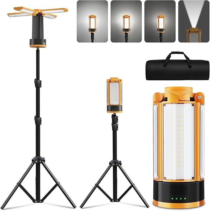 T-SUN Rechargeable Camping Light with Stand, 10400mAh LED Work Light 4100 Lumens with 4 LED Lamp Heads, Portable Work Light with Detachable Tripod 67" Max Height, Magnetic Emergency Flashlight