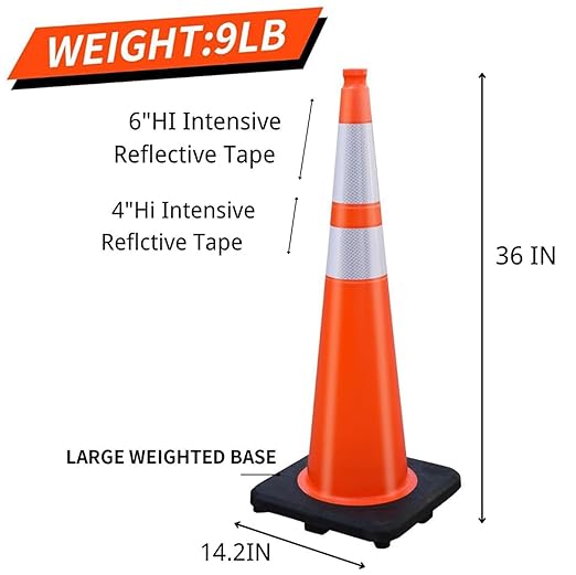 BESEA 8 Pack 36” Traffic Cones, Orange PVC Safety Cones with 6" + 4" Reflective Collars, Heavy Duty Weighted Base for Parking, Roadway & Construction Zone Control