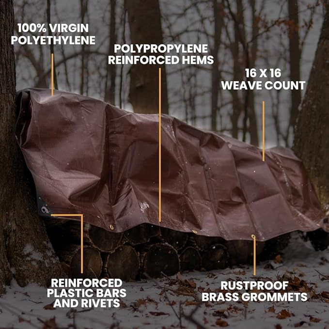 WHITEDUCK Super Heavy Duty Poly Tarp Cover 16 Mil & 10 Mil with Grommets and Reinforced Edges (Brown, White & Silver Black) (Brown- 16 Mil, 50' x 100')