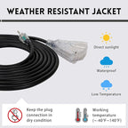 EP 15 Ft Lighted Outdoor Extension Cord with 3 Electrical Power Outlets - 14/3 SJTW Heavy Duty Black Extension Cable with 3 Prong Grounded Plug - Power Cord for Lawn, Garden, Appliances