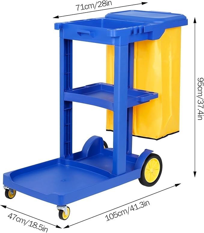 tonchean Commercial Janitorial Cart, 3-Shelf Housekeeping Cart with 22 Gallon Vinyl Bag & Cover, Large Capacity Janitorial Carts on Wheels for Hotels, Stores, Schools, Offices
