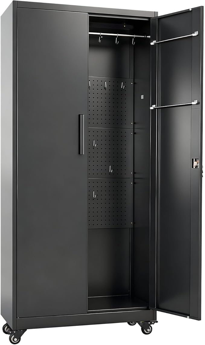 VEVOR Metal Storage Cabinet, 70.6 in Rolling Steel Garage Cabinet with Adjustable Shelves, 2 Magnetic Doors, Hanging Rod & 3 Rod Hooks, 5 Tiers Lockable Tool Storage for Pantry, Warehouse, Basement