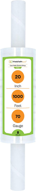 PSBM Stretch Wrap with Extended Core Handles, 8 Pack, 20 Inch x 1000 Feet, 70 Gauge, Clear, Large Plastic Cling Film for Pallets Moving Storing