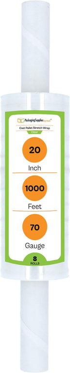 PSBM Stretch Wrap with Extended Core Handles, 8 Pack, 20 Inch x 1000 Feet, 70 Gauge, Clear, Large Plastic Cling Film for Pallets Moving Storing