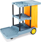 TUFFIOM Commercial Traditional Cleaning Janitorial 3-Shelf Cart, 500 Lbs Capacity Housekeeping Cart, 42.5" L x 18.7" W x 37.6" H, Wheeled with 22 Gallon Yellow Vinyl Bag and Cover w lid, Blue