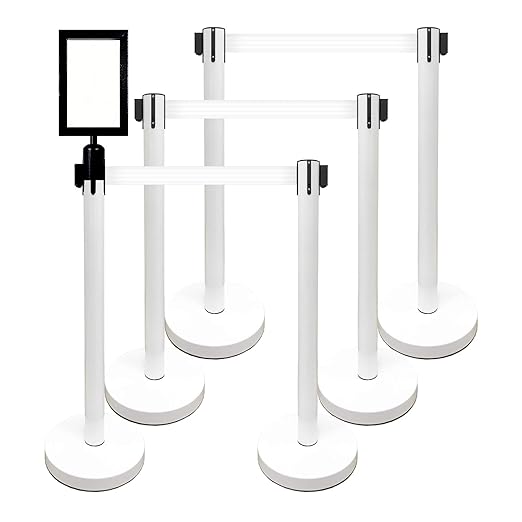 VIP Crowd Control Retractable Belt Stanchion Queue Safety Barrier Set, 36" Ht, 78" Belt + Wall Bracket (6 WHT Posts WHT Belt + SFrame + WBracket)