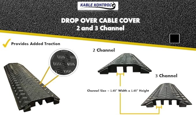 Kable Kontrol Drop Over Floor Cord Cover – 40” Inch Long 3 Channel Cable or Wire Protector – 5 Pcs Bulk Pack - Rubber Ramp for Indoor and Outdoor Use – Black