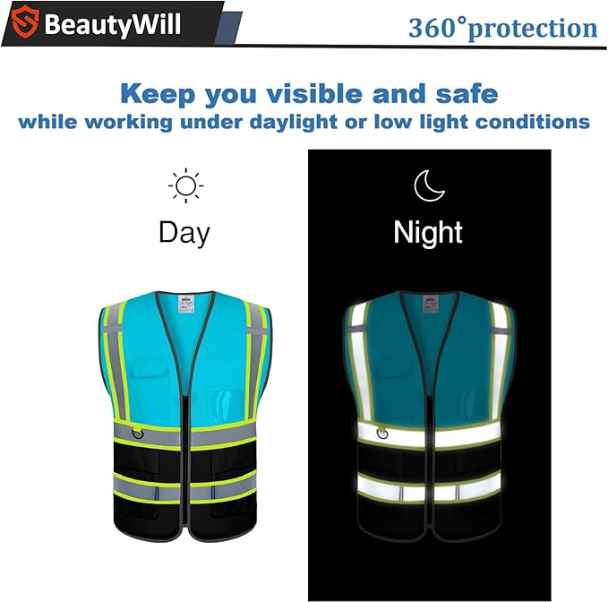 5 Pack Custom Safety Vest Customized Logo Mesh Vest Class 2 High Visibility Reflective Vest with Pockets Workwear（LightBlue Black，XL ）