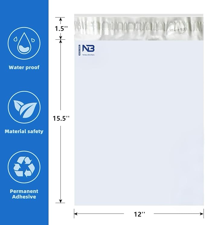 NB 12x15.5 Inch – 100 Pcs White Poly Mailers Strong Adhesive Self-Seal Shipping Envelopes, Tear & Water Resistant Packaging for E-Commerce and Small Business