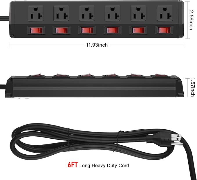 CCCEI Metal Power Strip Individual Switches 6 Outlets, Heavy Duty Power Strip 20Amp Surge Protector for Appliances, 6FT Extension Cord Strip, 1200J Surge Protector 20A 125V 2500W.
