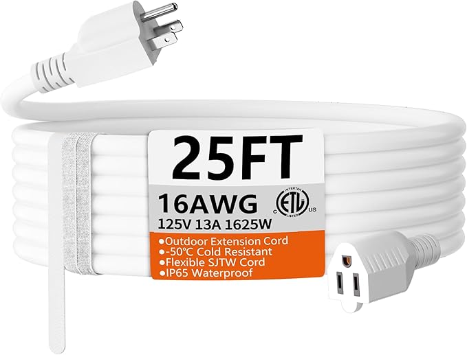HUANCHAIN 25 FT 16 Gauge White Indoor Outdoor Extension Cord Waterproof, Flexible Cold Weather 3 Prong Electric Cord Outside, 13A 1625W 125V 16AWG SJTW, ETL Listed