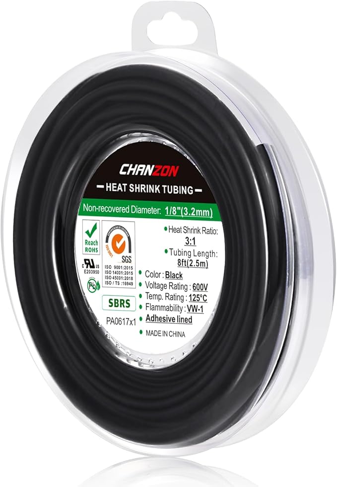 Chanzon 3:1 Ratio 1/8" (3.2mm) Heat Shrink Tubing - Marine Grade Waterproof Adhesive Lined - 8Ft Roll (2.5M Total Length) Black Polyolefin Sleeving Wrap Shrinking 3 to 1 Ratio 1pcs