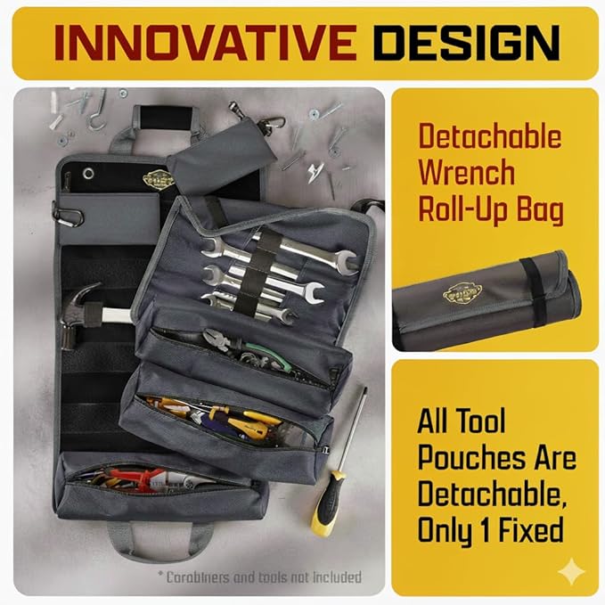 The Ryker Bag Customized Black Pro Tool Roll - Heavy-Duty Canvas Roll-Up Tool Organizer w/detachable pouches for Bolts, Sockets & Small Power Tools for Electricians, Plumbers, HVAC Techs & DIY