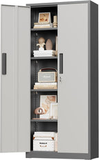 Crownland 63" Metal Storage Cabinet, Lockable Garage Storage Cabinets, High Office Cabinet with Adjustable Shelves for Garage, Home Office, Pantry, File(Grey & Light Grey)
