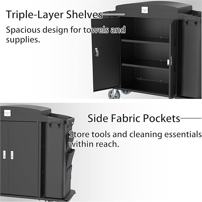 Heavy Duty Metal Housekeeping Janitorial Cart with Wheels,Silent Casters,Locking Large Capacity Cabinets,Cleaning cart for Housekeeping/Commercial Facility/Hotel/Stadium/School