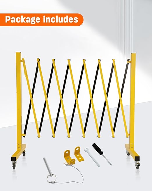 GCCSJ Industrial Expandable Metal Barricade with Wheels, 11.5 Feet Long Folding Security Gate, Retractable Metal Barrier for Construction Site Elevator Traffic Control Garage, Yellow and Black
