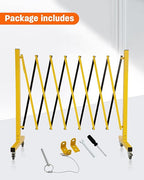 GCCSJ Industrial Expandable Metal Barricade with Wheels, 11.5 Feet Long Folding Security Gate, Retractable Metal Barrier for Construction Site Elevator Traffic Control Garage, Yellow and Black