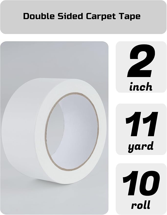 Lichamp Bulk 10 Pack Double Sided Carpet Tape for Hardwood Floors, 2 inch Wide by 11 Yards for Area Rugs On Carpet Stickers Rug Gripper Tape