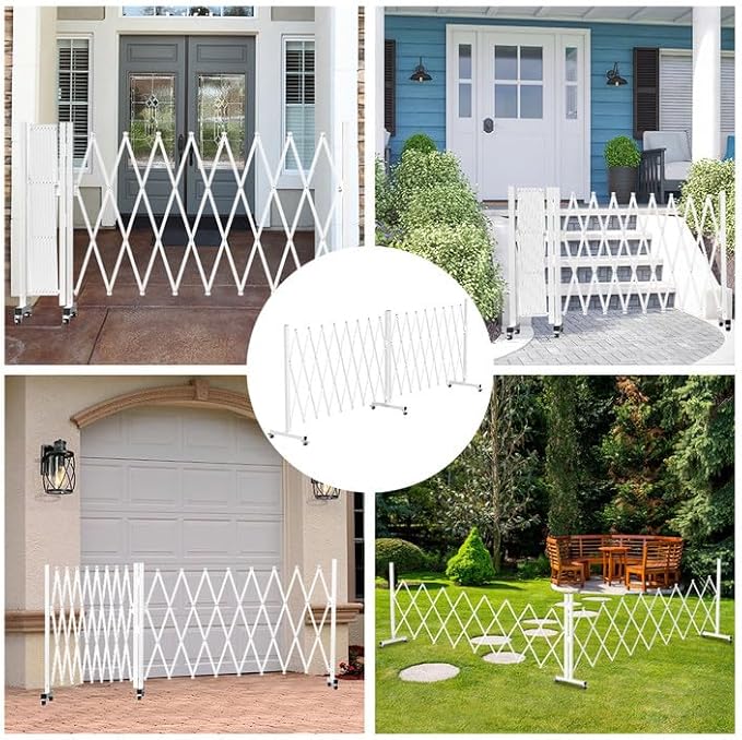 Expandable Driveway Gate for Outdoor Fence, 207" Wide Portable Expandable Barricade Gate with Casters, Accordion Fence for Dogs Outside with Gate, Outdoor Metal Fence Gate for Yard Adjustable, White