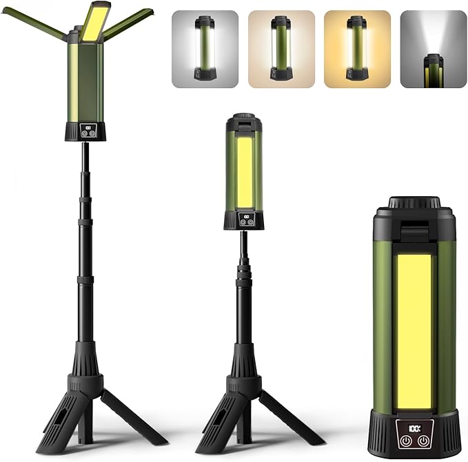 Rechargeable Led Work Light with Stand: Cordless Camping Light Kit 3 Page Head 500/1000/2000 Lumen 3500/6500K - Dimmable 6AH Camp Lights with Detachable Tripod,Hooks and Carrying Bag(Green-S)