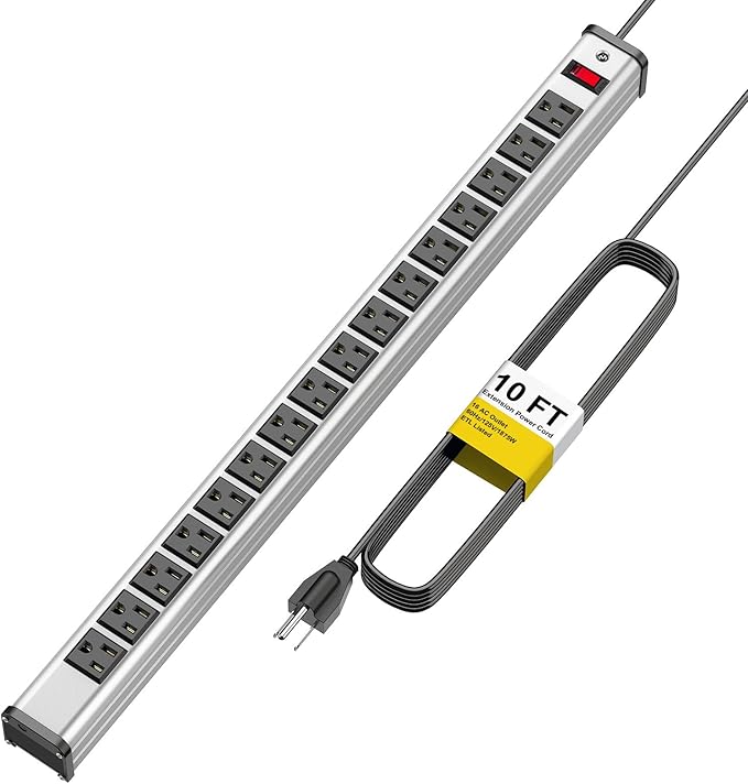 Long Surge Protector Power Strip,16 Outlet Heavy Duty Power Strip Metal Power Bar,10 FT Long Extension Cord with Circuit Breaker for Garage,Workshop,Industrial(125V/1875W, ETL Listed)