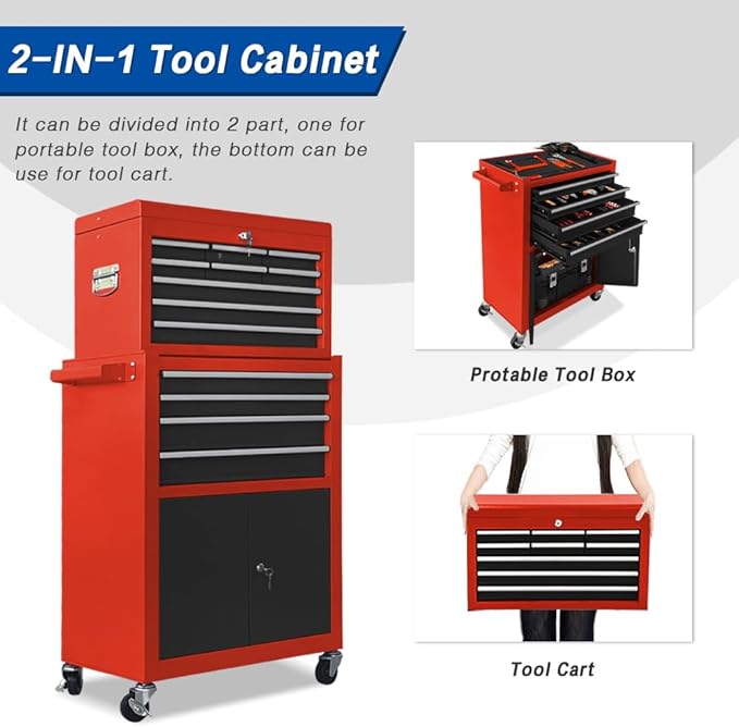 13-Drawer Rolling Tool Chest with Double Door, Extra Large Storage Cabinets with Tool Box, 2-in-1 Detachable Design, 600 lbs Capacity with Lockable Wheels for Garage, Mechanic & Home Use (Red＆Black)