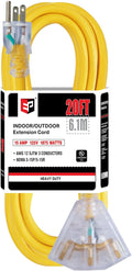EP 20 Ft 12 Gauge Heavy Duty Extension Cord, 15A 125V 1875W, 3 Outlet Indoor/Outdoor Power Cord with Lighted End, 12/3 SJTW Weatherproof Yellow, UL Listed