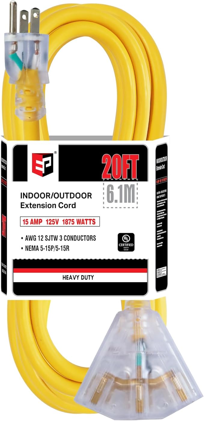 EP 20 Ft 12 Gauge Heavy Duty Extension Cord, 15A 125V 1875W, 3 Outlet Indoor/Outdoor Power Cord with Lighted End, 12/3 SJTW Weatherproof Yellow, UL Listed