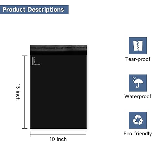 KKBESTPACK 100 Large Poly Mailers 10x13 Shipping Bags for Small Business – Self Sealing Package Envelopes (10 x 13 Pack of 100, Black)