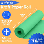 12" x 1200" (100 ft) Green Kraft Paper Roll (Value Pack of 2), 45 lbs Thickness, Made in USA Colored Kraft Paper for School, Bulletin Board - Odorless, Non-Toxic, Safe for Kids