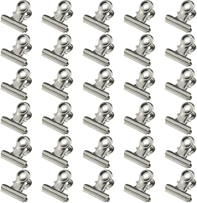HAHIYO 0.87inch Silver Bulldog Clips Metal File Hinge Binder Clips Clamps Save Space Strong Spring Jaws Rock Solid Grip Book Lay Flat Deburred Edge for Hang Photos Wall Grid Dog Food 30PCS