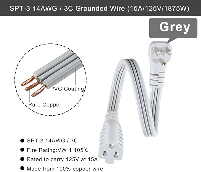 KUNCAN Appliance Power Extension Cord - 3 Prong Flat Wire SPT-3 14 AWG Heavy Duty Male to Female Extender Low Profile Grounded Cable for Major AC Unit, Air Conditioner, Refrigerator, Heater (1 Feet)