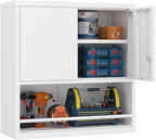 GREATMEET 31" H Locking Metal Garage Storage Cabinet with Doors and Shelves, Lockable Wall Cabinet Storage, White Steel Wall Mount Cabinet Hanging Floating for Office Utility Room