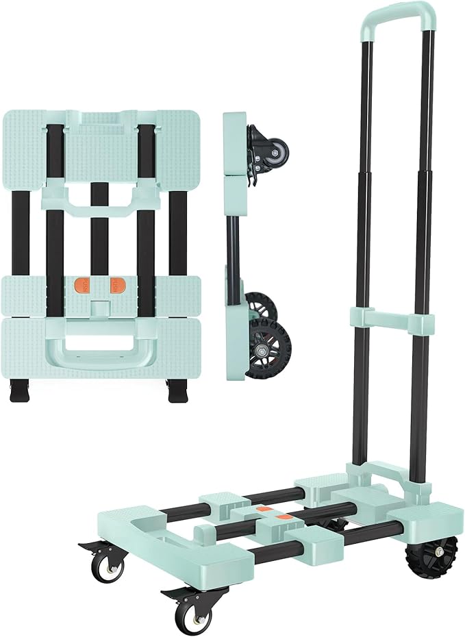 Heavy-Duty 500LB Capacity Hand Truck with One-Touch Retractable Handle & Extendable Plate, Portable Collapsible Dolly Cart with 4 Wheels w/Brakes Folding Luggage Cart for Travel/Home Use, Green