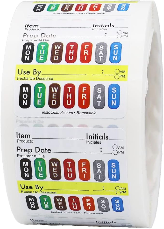 Removable Universal Labels for Food Rotation Use by Food Preparation Days of The Week Prep Date Stickers 2 x 2 Inch 500 Adhesive Removable Stickers