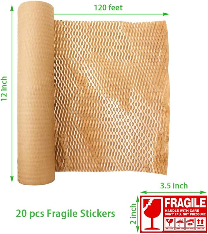 Honeycomb Packing Paper 12" W x 120' L Packing Paper for Moving Products & Gifts Honeycomb Wrapping Paper Recyclable and Biodegradable Cushioning Packing Material with 20 Fragile Stickers