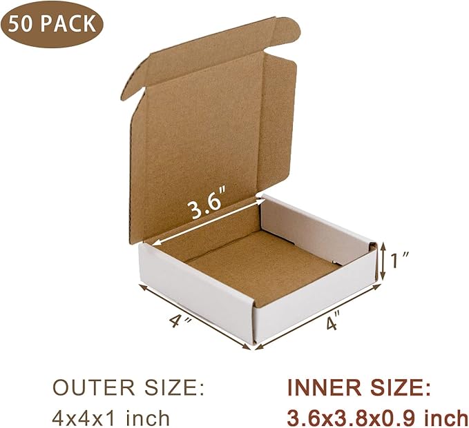 50 Pack 4x4x1 Inches Small Shipping Boxes, White Corrugated Cardboard Boxes, Moving Mailing Packing Box