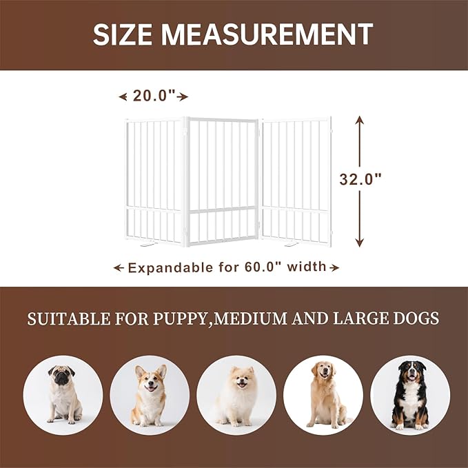 3 Panels Full Metal Freestanding Dog Gates, 60” W x 32” H Folding Pet Gate Fence with Support Feet for Indoor,Stairs, Hallways and Doorways(White)
